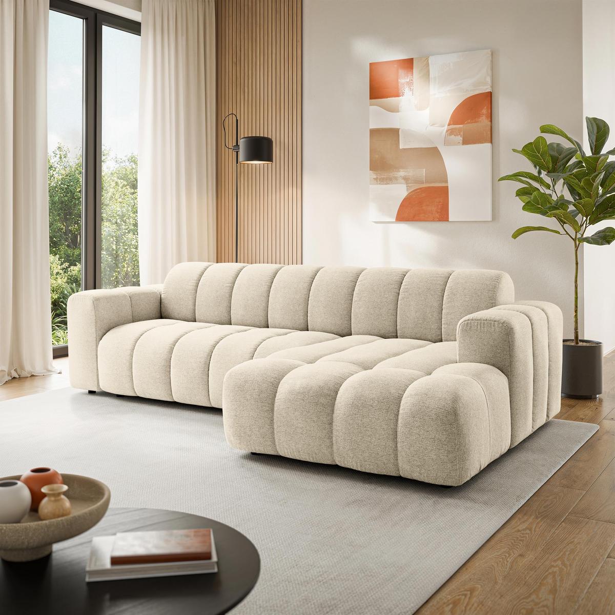 ECKSOFA SETIA Creme Strukturstoff mit Schlaffunktion - Creme, Holz (304/165cm) - MASSENO