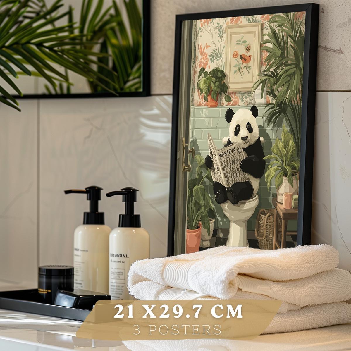 POSTER 3er-Set lustige Badezimmer-Drucke, Panda- und Koala-Tiermotive für Toilette, witziges für Toilette, Vintage-Botanik-Stil Schwarzer Rahmen A4 - Schwarz, Papier (29.7/21/3cm) - Nacnic