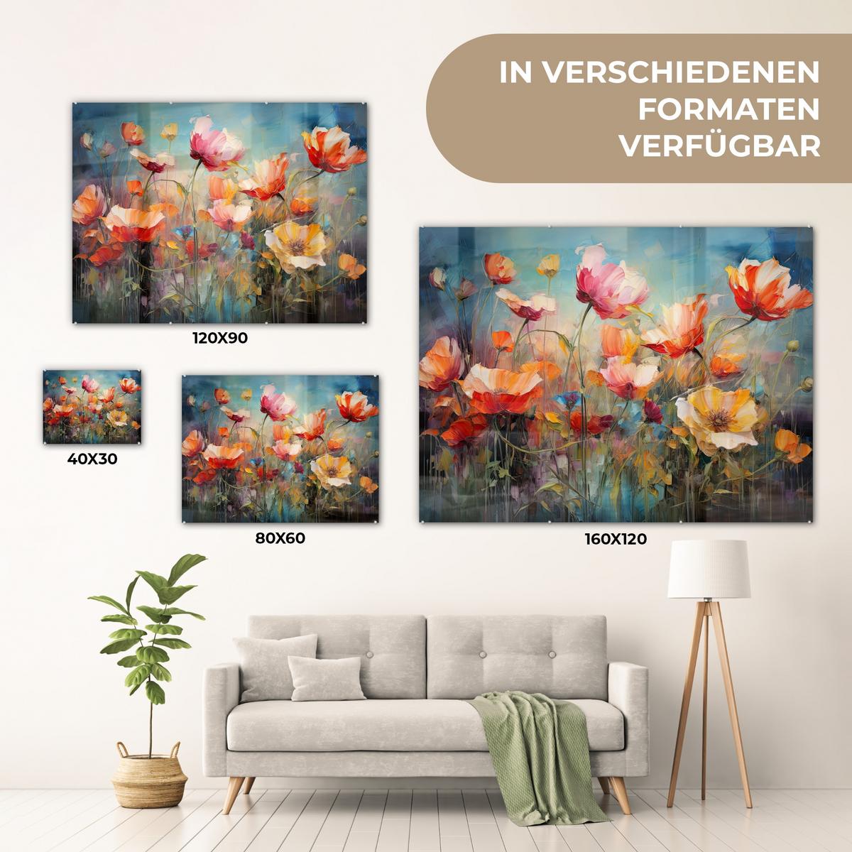 ACRYLGLASBILD Blumen - Aquarell - Kunst - Botanisch - Natur 80x60 cm - Orange, Glas (80/60cm) - MuchoWow