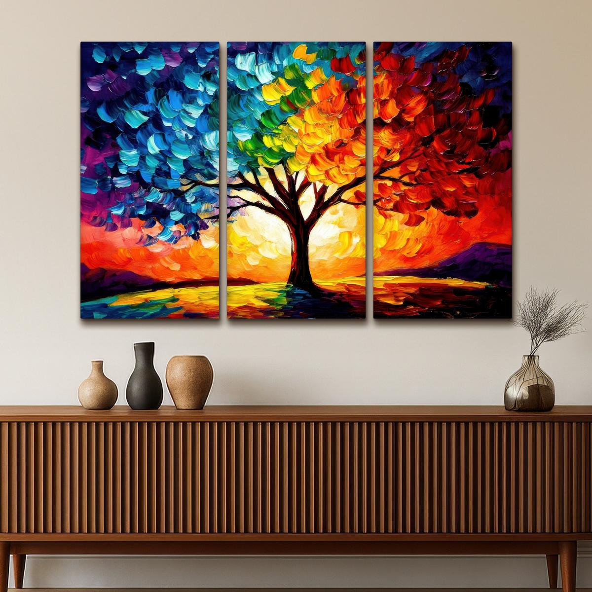 LEINWANDBILD 3er Set Baum - Farbenfroh - Malerei-Look - Abstrakt 180x120 cm - Multicolor, Textil (180/120cm) - MuchoWow