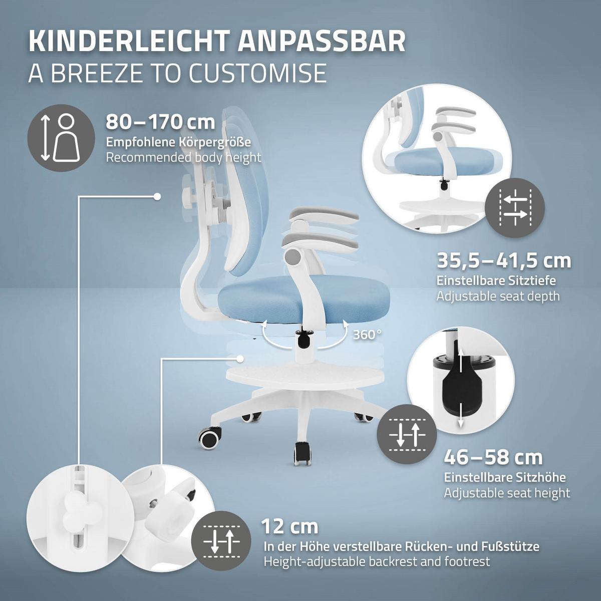KINDERSCHREIBTISCHSTUHL Blau 95-107 cm aus Polyester - Blau/Weiß, Kunststoff/Textil (53/107/53cm) - ML-DESIGN