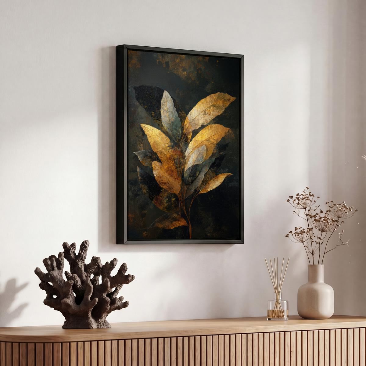 LEINWAND Bilder mit Rahmen - Golden Leaf Komposition - Botanical Luxury - 20x30 - Goldfarben, Textil (20/30cm) - MuchoWow