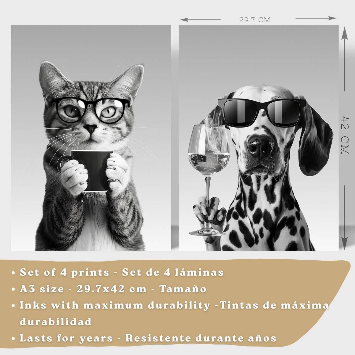 POSTER 4er Set Lustige Tiere mit Brille Wandbilder Katze Dalmatiner Panda Koch Schwarz Weiß Küche Deko Leichter Holzrahmen A3 - Beige, Papier (29.7/1/42cm) - Nacnic