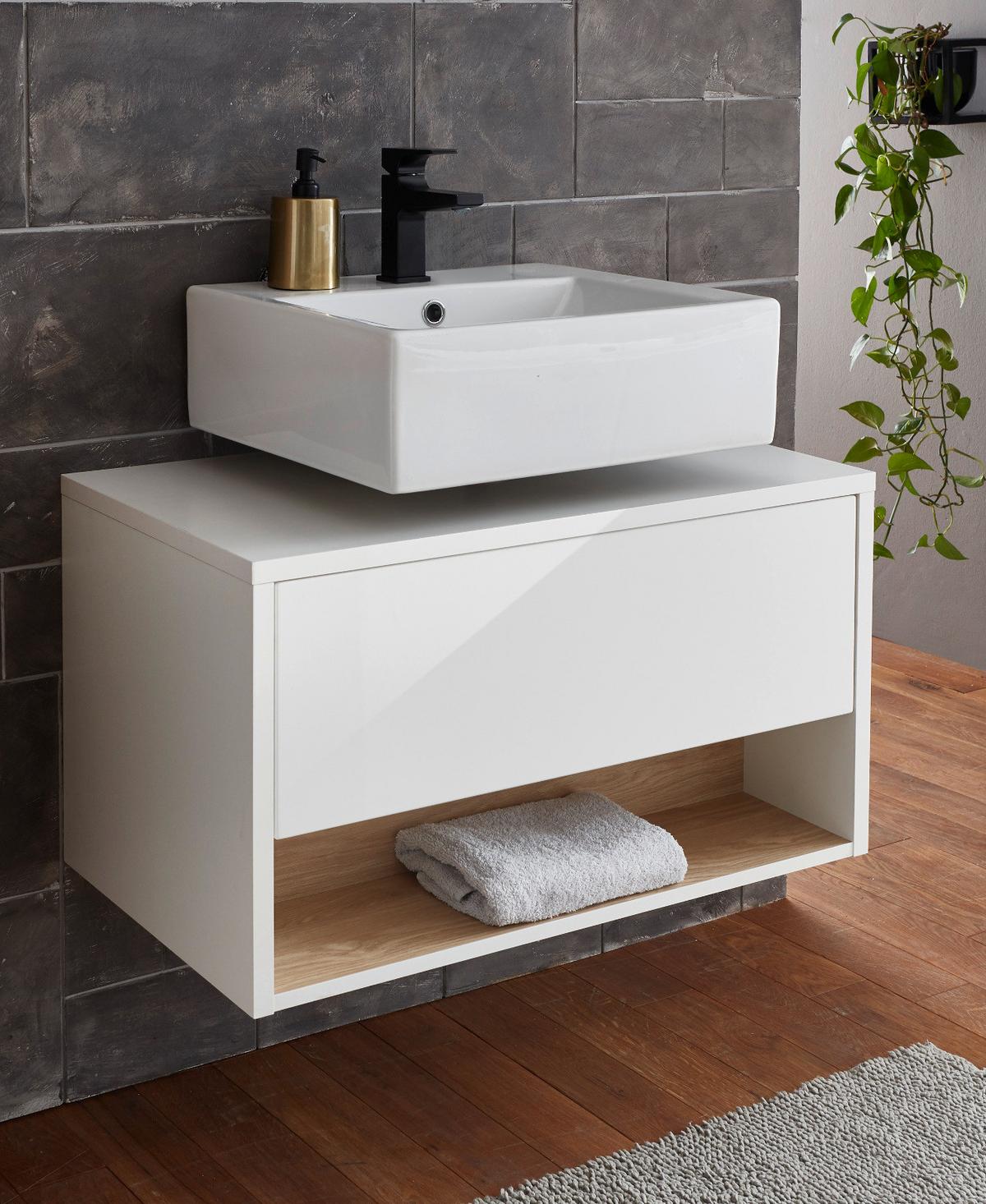 WASCHBECKENUNTERSCHRANK weiß Hochglanz, Eiche 80 cm, Bad Unterschrank mit Push-to-Open - Weiß Hochglanz, Holzwerkstoff (80/46/46cm) - Furn.Design