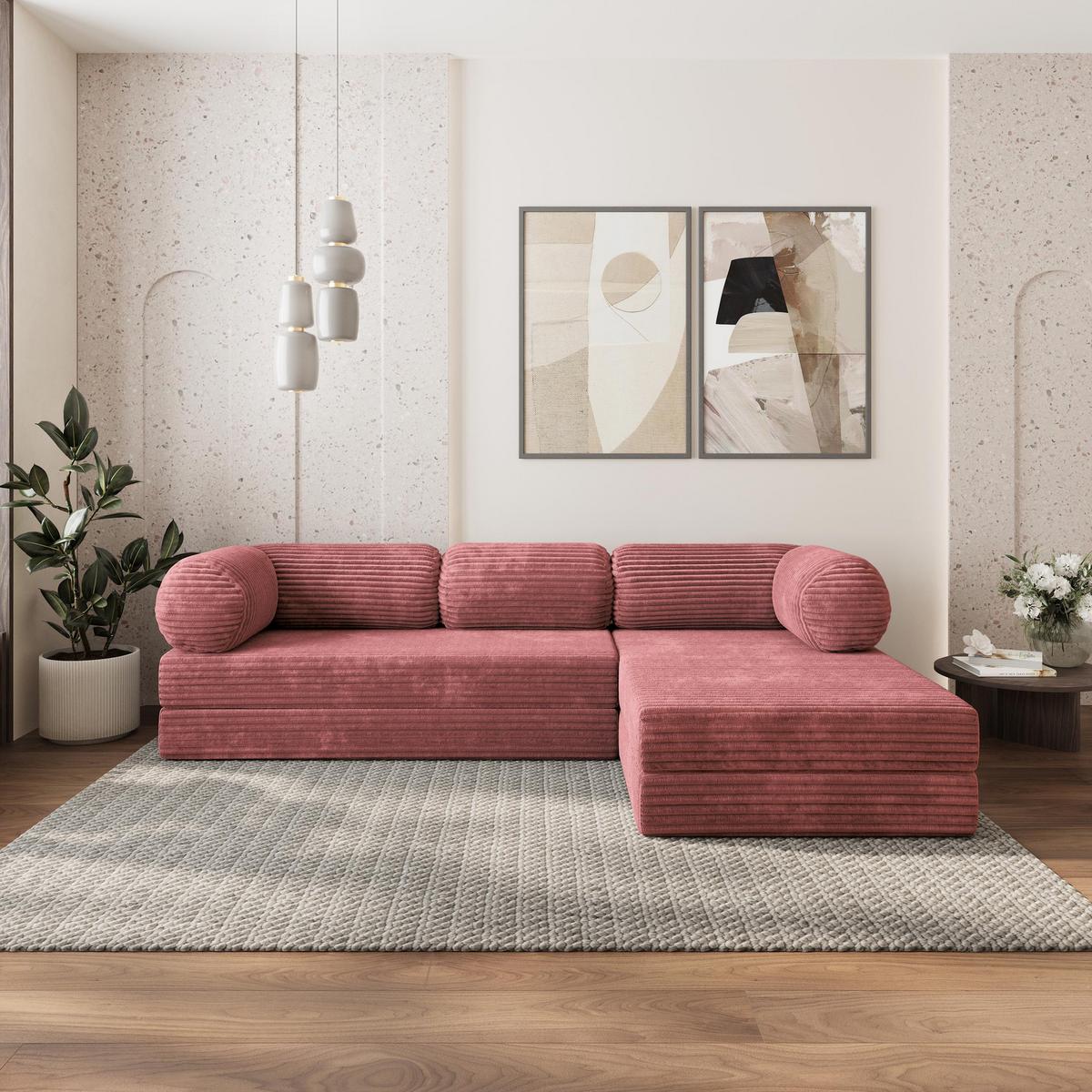 ECKSOFA ETERA modulares Boneless Sofa mit Schlaffunktion Rosa Kordstoff - Rosa, Textil (270/160cm) - MASSENO