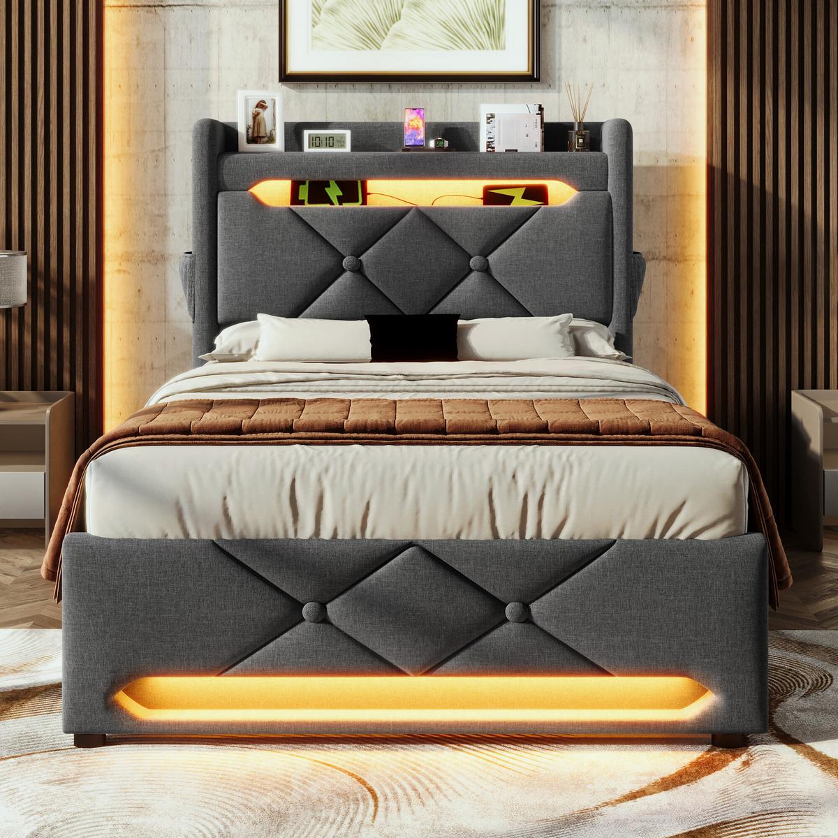 EINZELBETT mit Matratze, Stauraum und LED - Grau, Holzwerkstoff/Textil - Urban Meuble