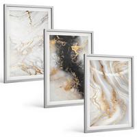 BILDER SET 3er Set - 40x60 cm Silberner Rahmen - Abstrakte weiß-schwarze Muster - Silberfarben, Kunststoff (40/60cm) - TULUP