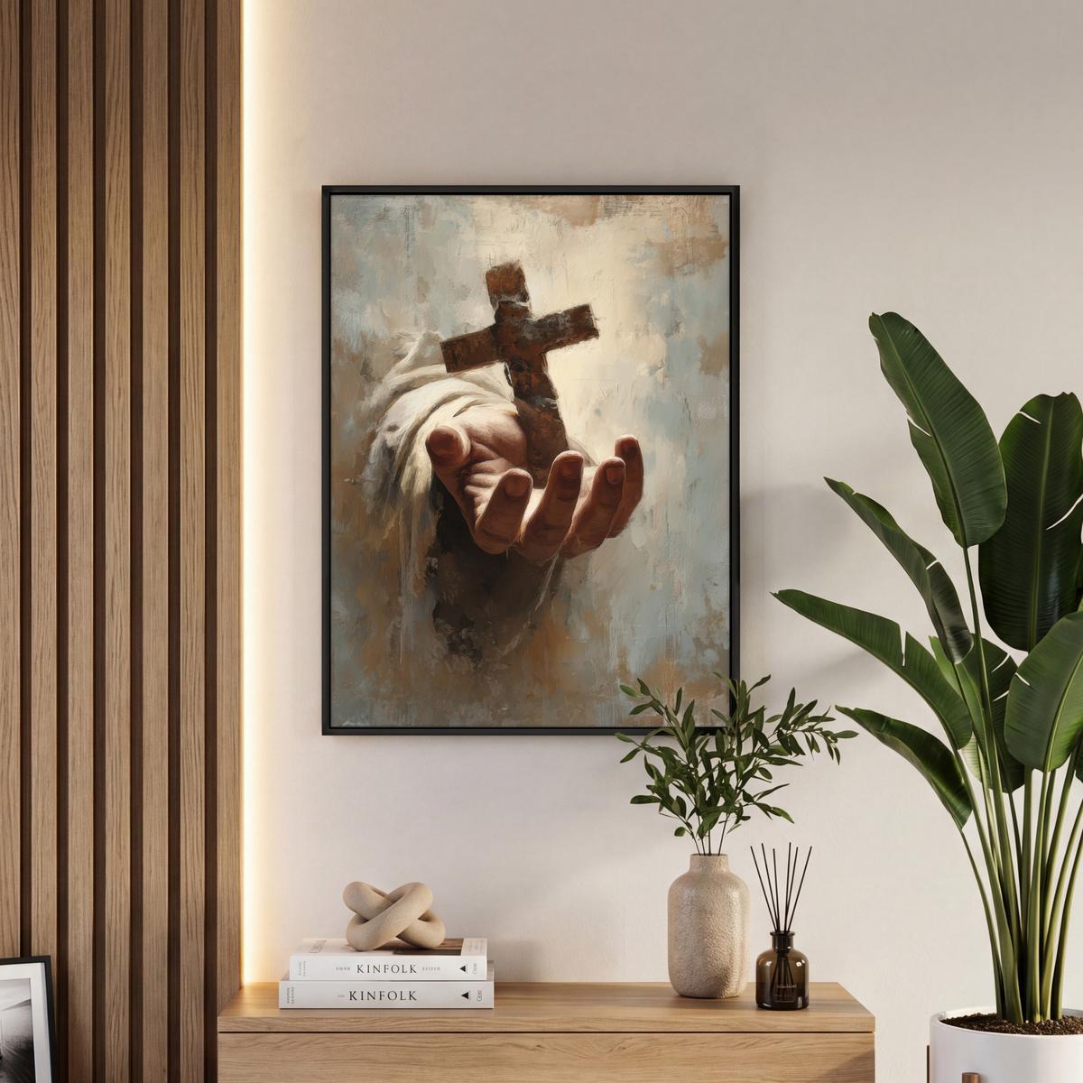 LEINWAND Bilder mit Rahmen - Abstrakt - Kreuz - Hand - Christentum - 60x80 - Hellbraun, Textil (60/80cm) - MuchoWow