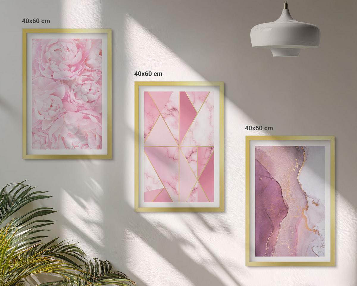 BILDER SET 3er Set - 40x60 cm Goldrahmen - Rosa geometrische Pfingstrosen - Goldfarben, Kunststoff (40/60cm) - TULUP