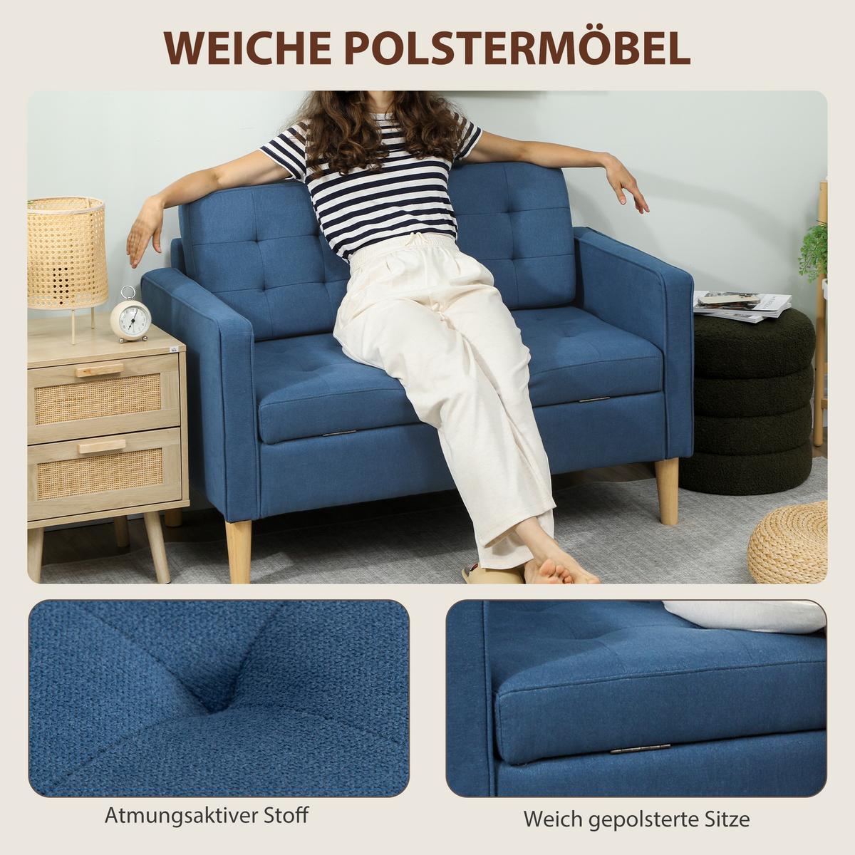 2 Sitzer Sofa, Couch mit Stauraum, Holzbeine, Gepolsterter Polstersofa, Blau - Blau/Eukalyptusholzfarben, Holz/Textil (62/78/117cm) - HOMCOM