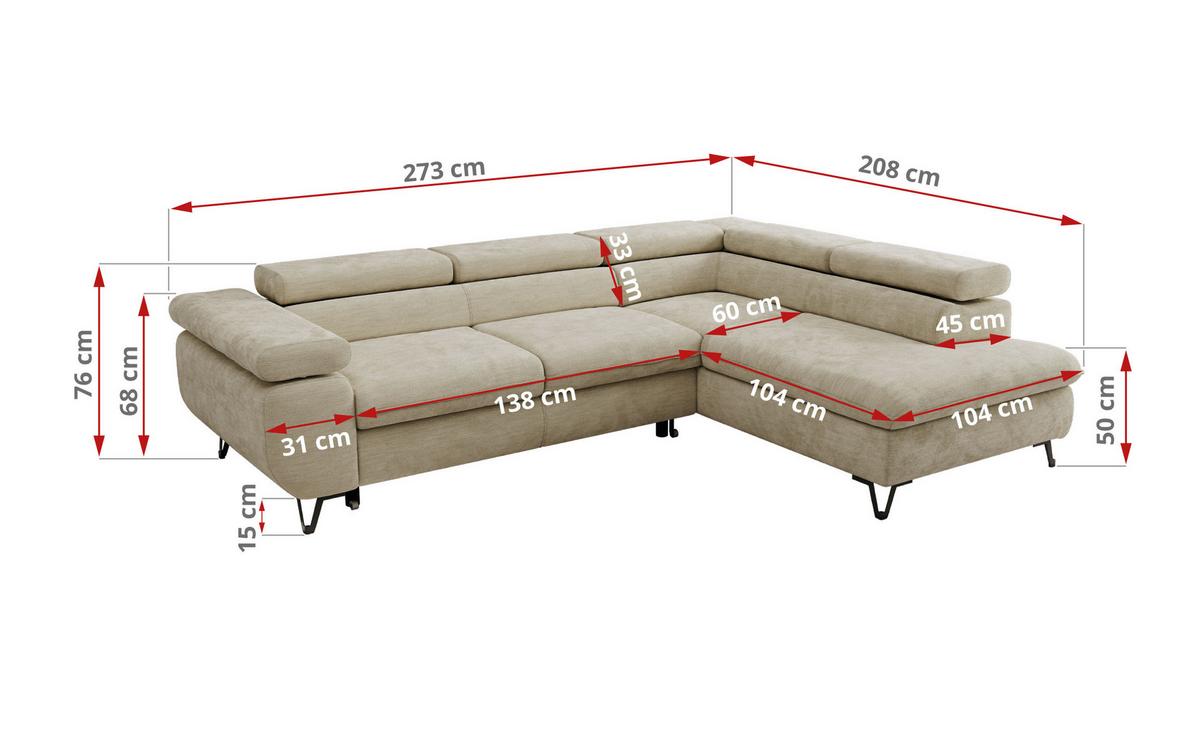 ECKSOFA PABLO L Beige Schenille glatt - Rechts Seite - Beige/Schwarz, Textil/Metall (273/208cm) - MKS