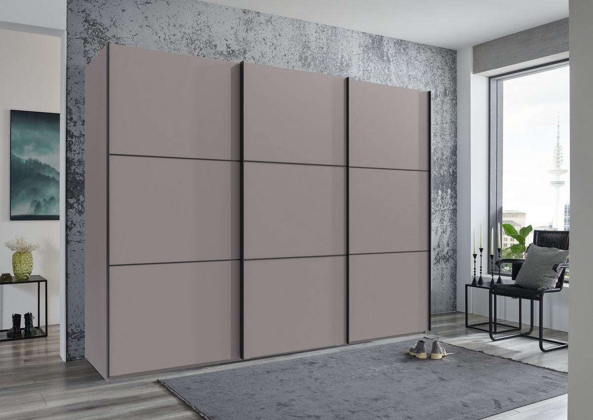 SCHWEBETÜRENSCHRANK 3-türig B300/H216/T65 cm in Sandgrau, Kleiderschrank inkl. Vollausstattung / 22017 - Sandfarben/Rot, Holzwerkstoff/Metall (300/216/65cm) - luma-home