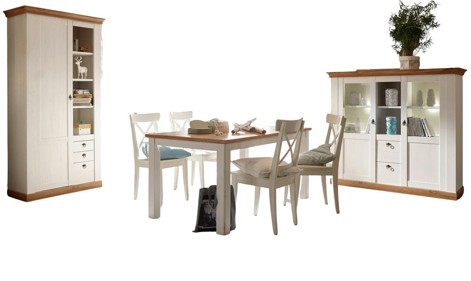 ESSZIMMER-SET weiß Pinie, Eiche Wotan, Landhaus Speisezimmer 3-teilig - Eichefarben/Silberfarben, Holzwerkstoff/Metall (158/204/88cm) - Furn.Design