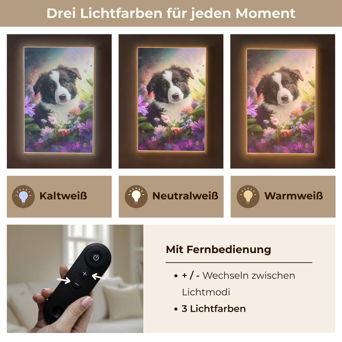 NACHTTISCHLAMPE MIT AKKU Welpe - Sonne - Blumen - Natur - Border Collie - Hund 60x90 cm - Violett, Holzwerkstoff (8/60/90cm) - OnlyWow