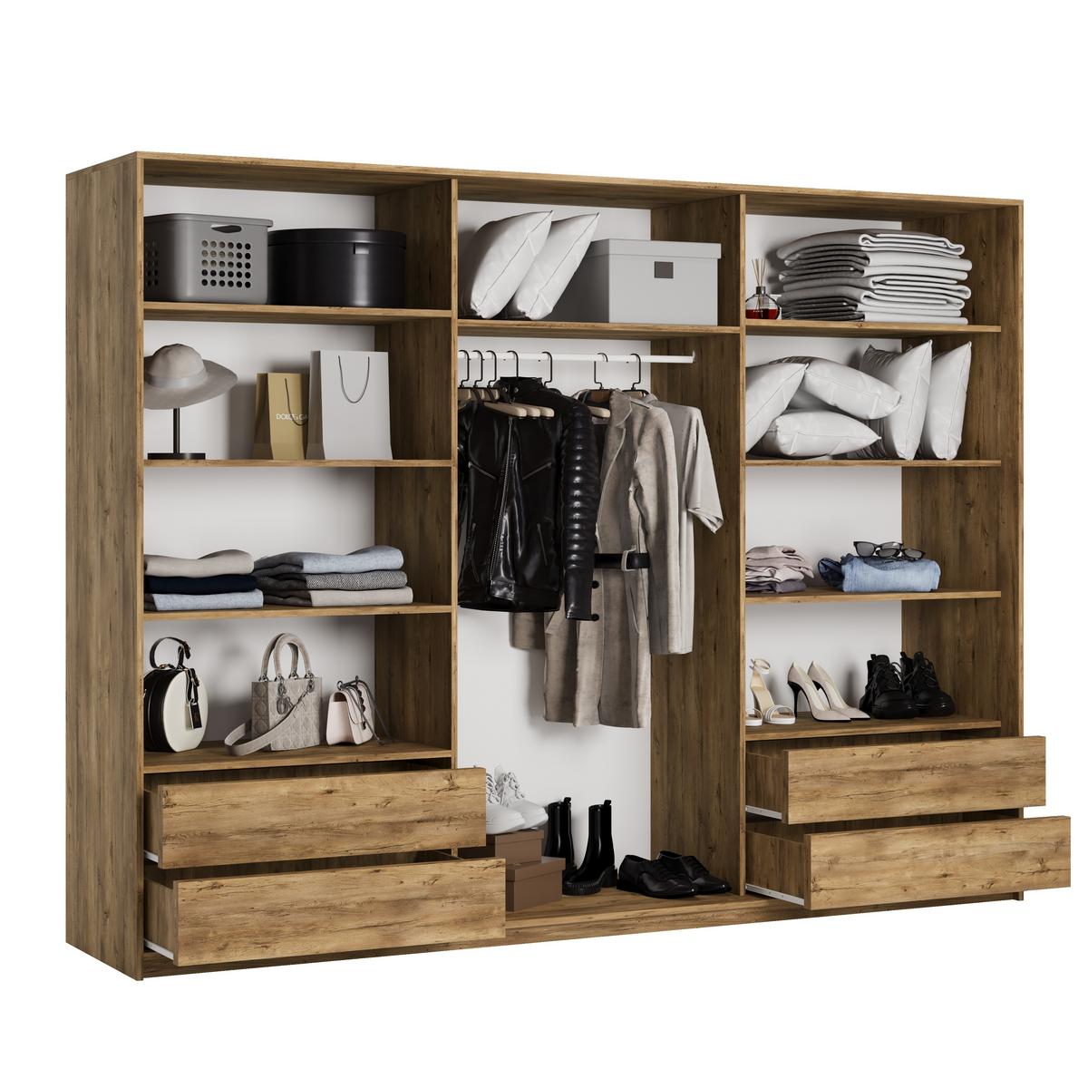 SCHWEBETÜRENSCHRANK VONTE 250/205/60 cm 3-türig mit Lamellen Eiche Lefkas - Eichefarben/Schwarz, Holzwerkstoff (250/205/60cm) - MASSENO