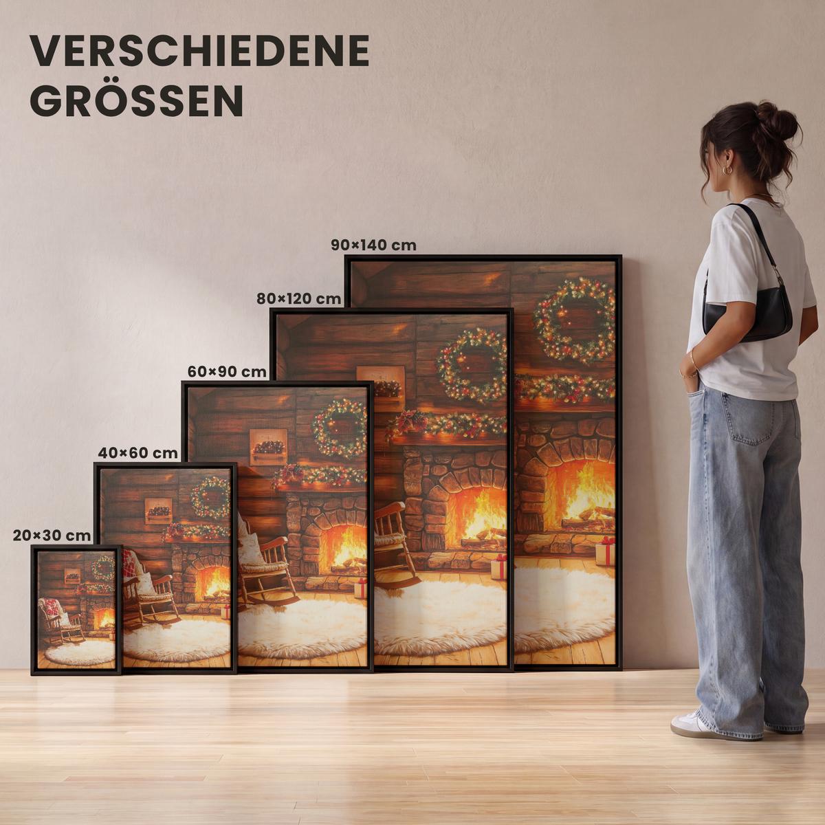 LEINWAND Bilder mit Rahmen - Winter - Weihnachten - Zuhause - Kamin - 90x140 - Bernsteinfarben, Textil (90/140cm) - MuchoWow