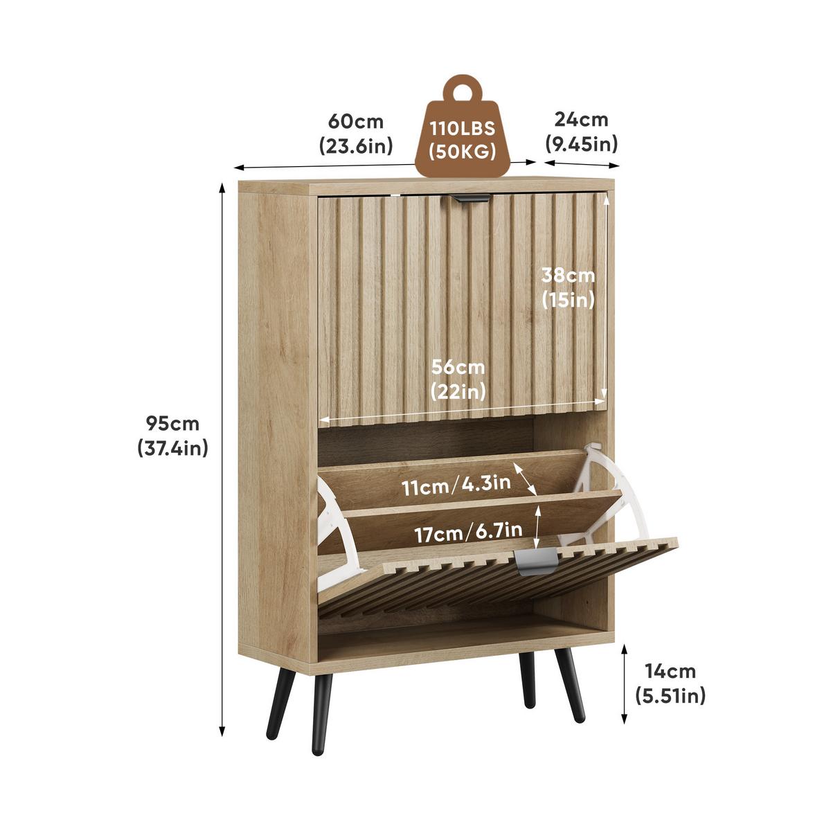 SCHUHESCHRANK Eichenfarben Mid-Century Mit 2 Kippfächern - Eichefarben, Holzwerkstoff (60/95/24cm) - Urban Meuble