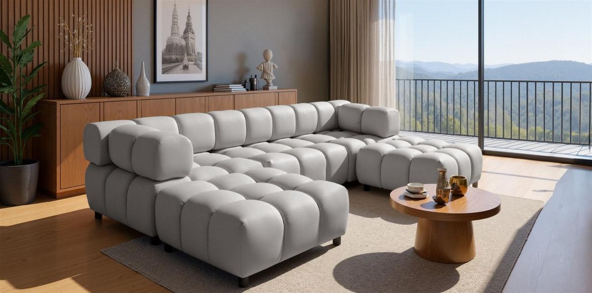 SOFA 3-sitzer Und 2-polsterhocker Flow - Hellgrau, Holzwerkstoff/Textil (288/71/96cm) - Fun Möbel