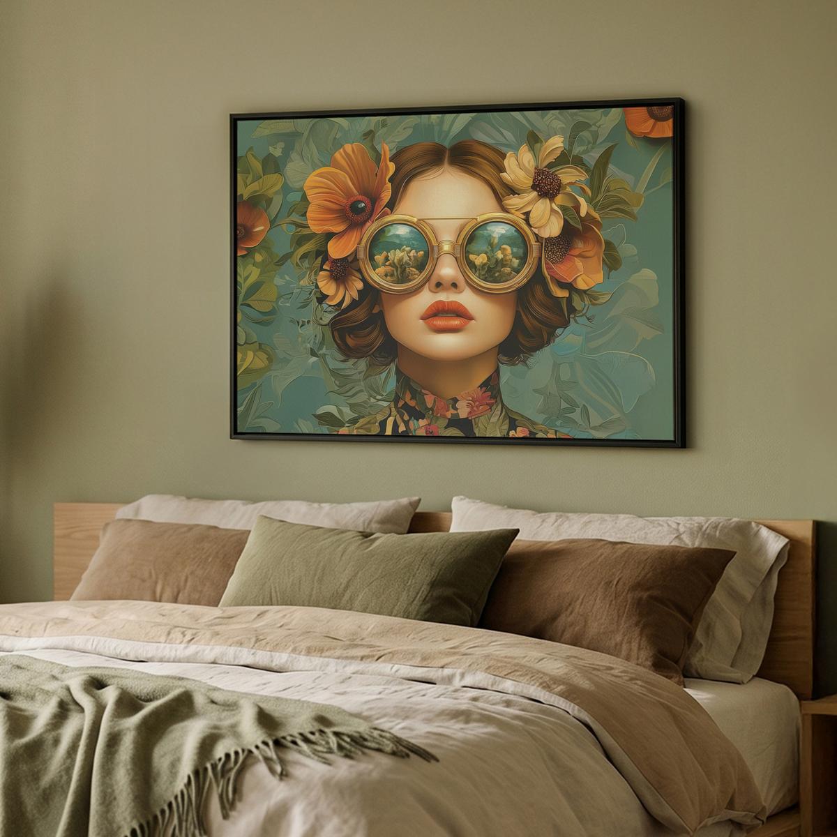 LEINWAND Bilder mit Rahmen - Frau - Blumen - Schmetterlinge - Natur - Vintage - 100x70 - Salbeigrün, Textil (100/70cm) - MuchoWow