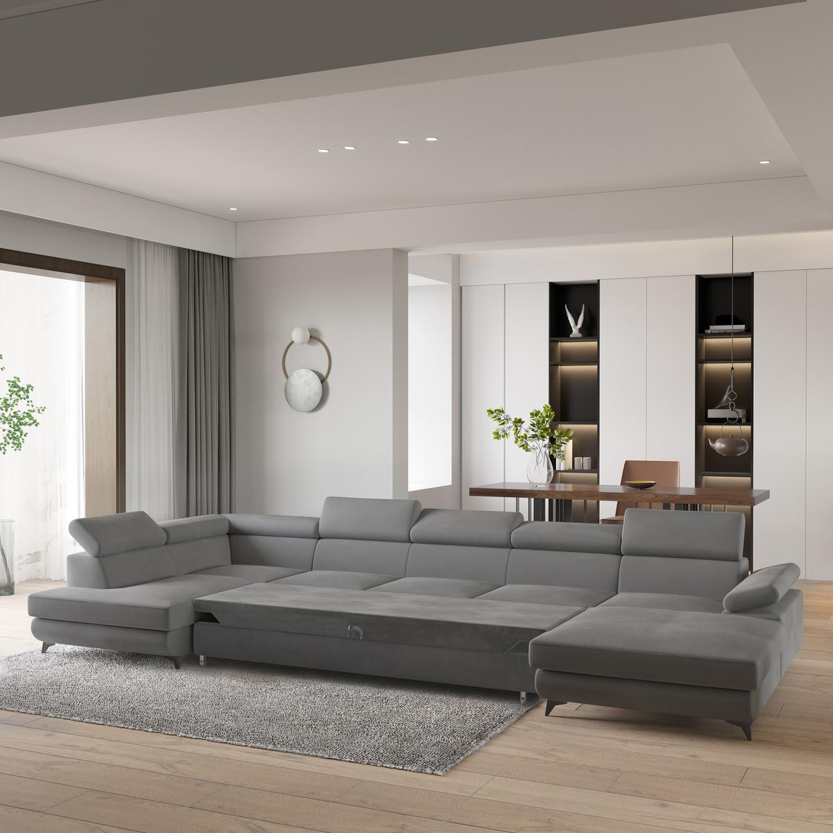 WOHNLANDSCHAFT MONTIVA Grau Velours-Stoff mit Schlaffunktion - Grau, Holz (410/89/190cm) - MASSENO
