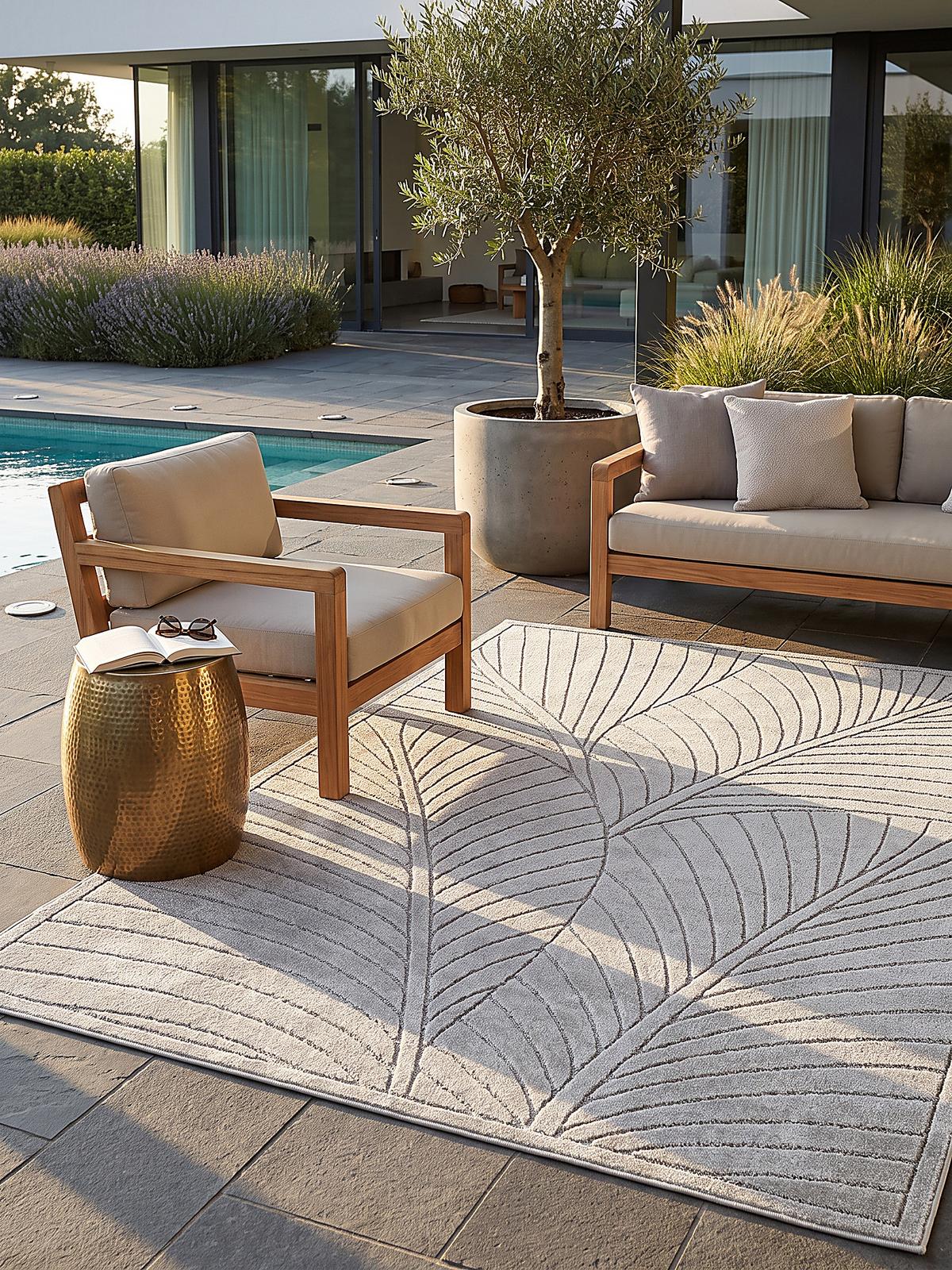 TEPPICH Outdoor, Fußbodenheizung-geeignet, mit Blattmotiv, ENGADIN in Silbergrau, 120 x 170 cm - Grau, Textil (120/170cm) - KADIMA DESIGN