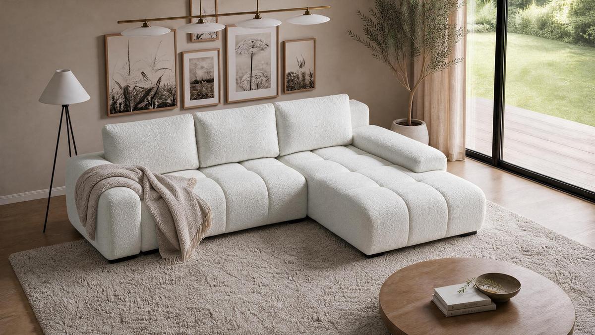 ECKSOFA Ovia mit Bettkasten und Schlaffunktion, Bouclé-Stoff in L-Form - Weiß, Textil (270/185cm)