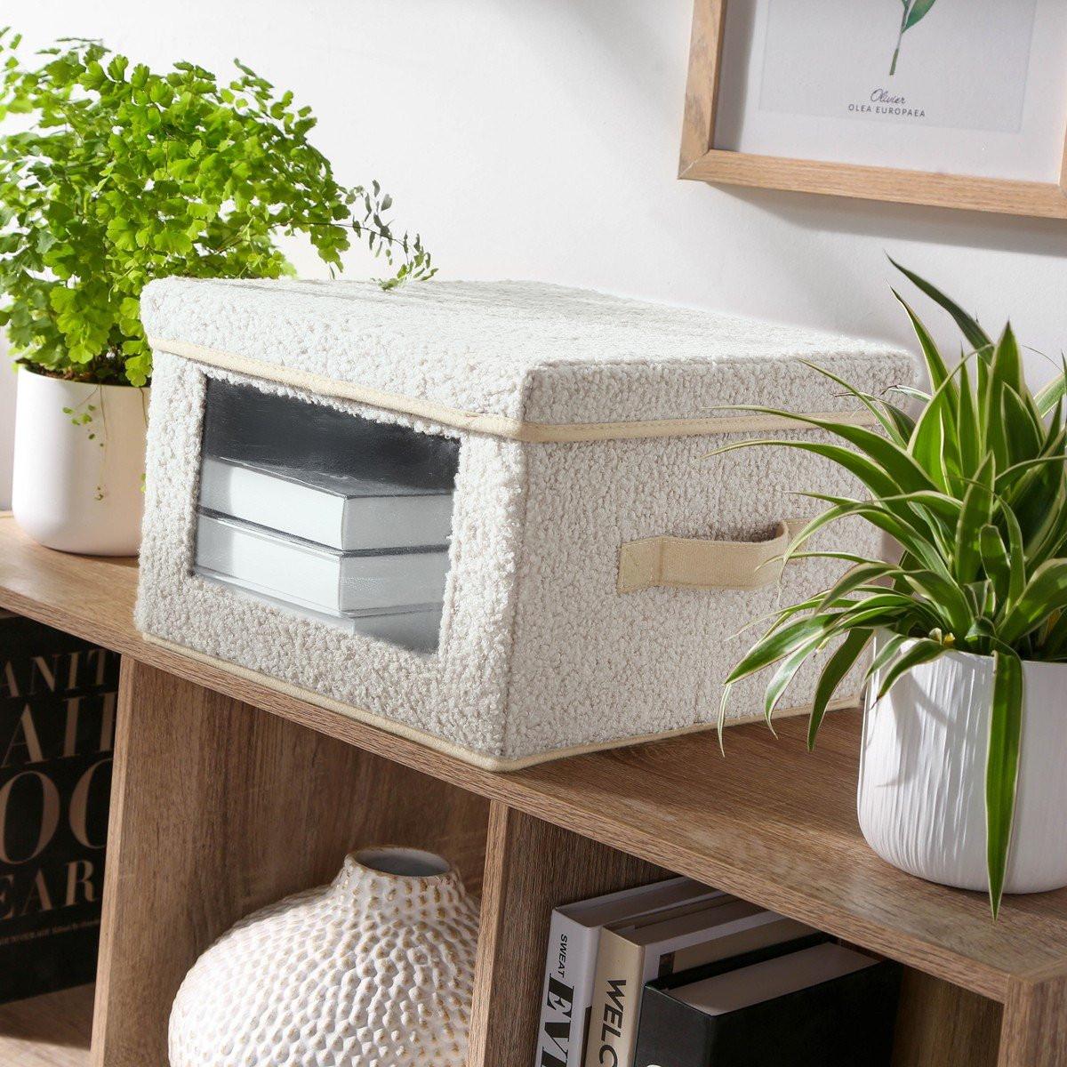 AUFBEWAHRUNGSBOX aus bouclé-stoff in ecru mit fenster -40/28/30 cm - Beige, Textil (40/28/30cm) - Calicosy