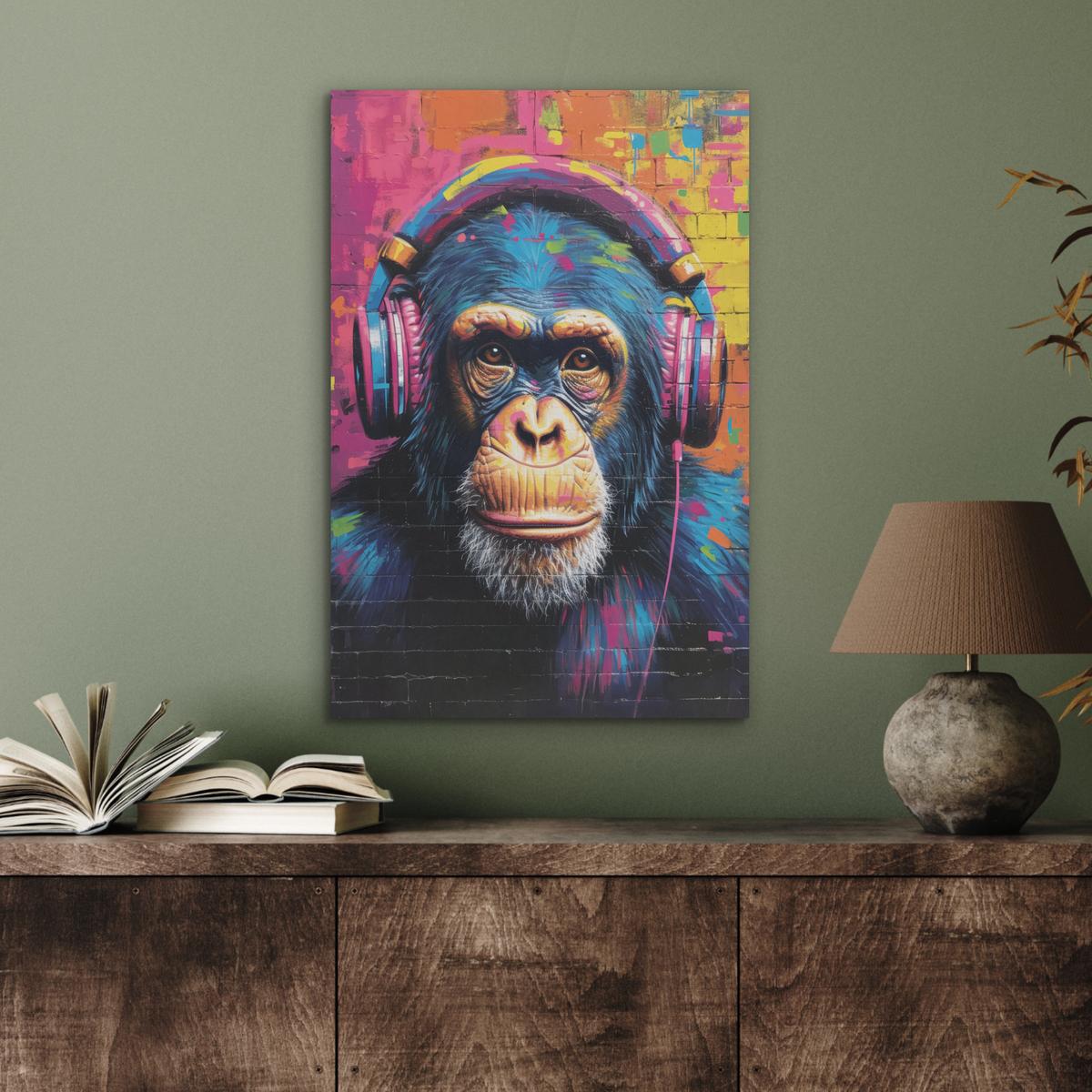 AKUSTIKBILD Graffiti - Schimpanse - Straßenkunst - Kopfhörer - Affe Kunstdruck Schlafzimmer 50x70 cm - Blau, Kunststoff (50/70/0.9cm) - MuchoWow