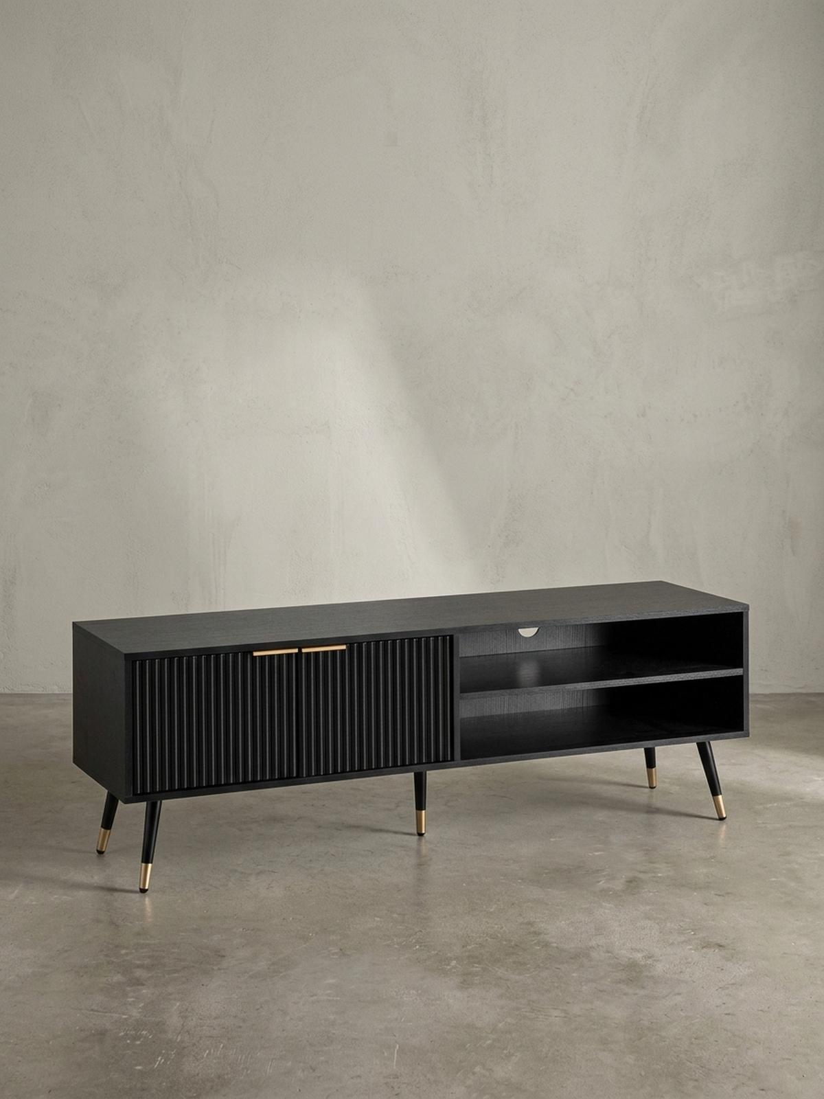 LOWBOARD Schwarz Eiche-Dekor Modern Stil 150x51x39 cm mit Türen und Ablagefächern - Goldfarben/Schwarz, Holzwerkstoff/Metall (150/51/39cm) - KADIMA DESIGN