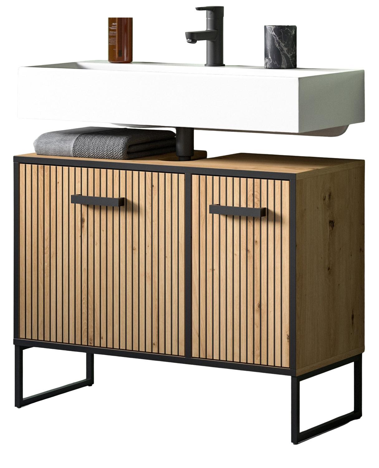 WASCHBECKENUNTERSCHRANK Eiche Artisan, schwarz 80 cm, Badezimmer Unterschrank mit Soft-Close - Schwarz/Eiche Artisan, Holzwerkstoff/Kunststoff (80/63/36cm) - Inn.Furn