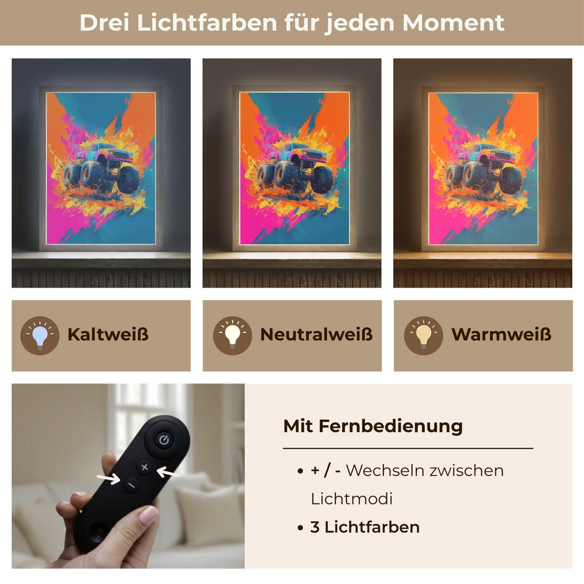 NACHTTISCHLAMPE MIT AKKU Monstertruck - Abstrakt - Farbspritzer - Farbenfroh 30x40 cm - Pink, Holzwerkstoff (8/30/40cm) - OnlyWow