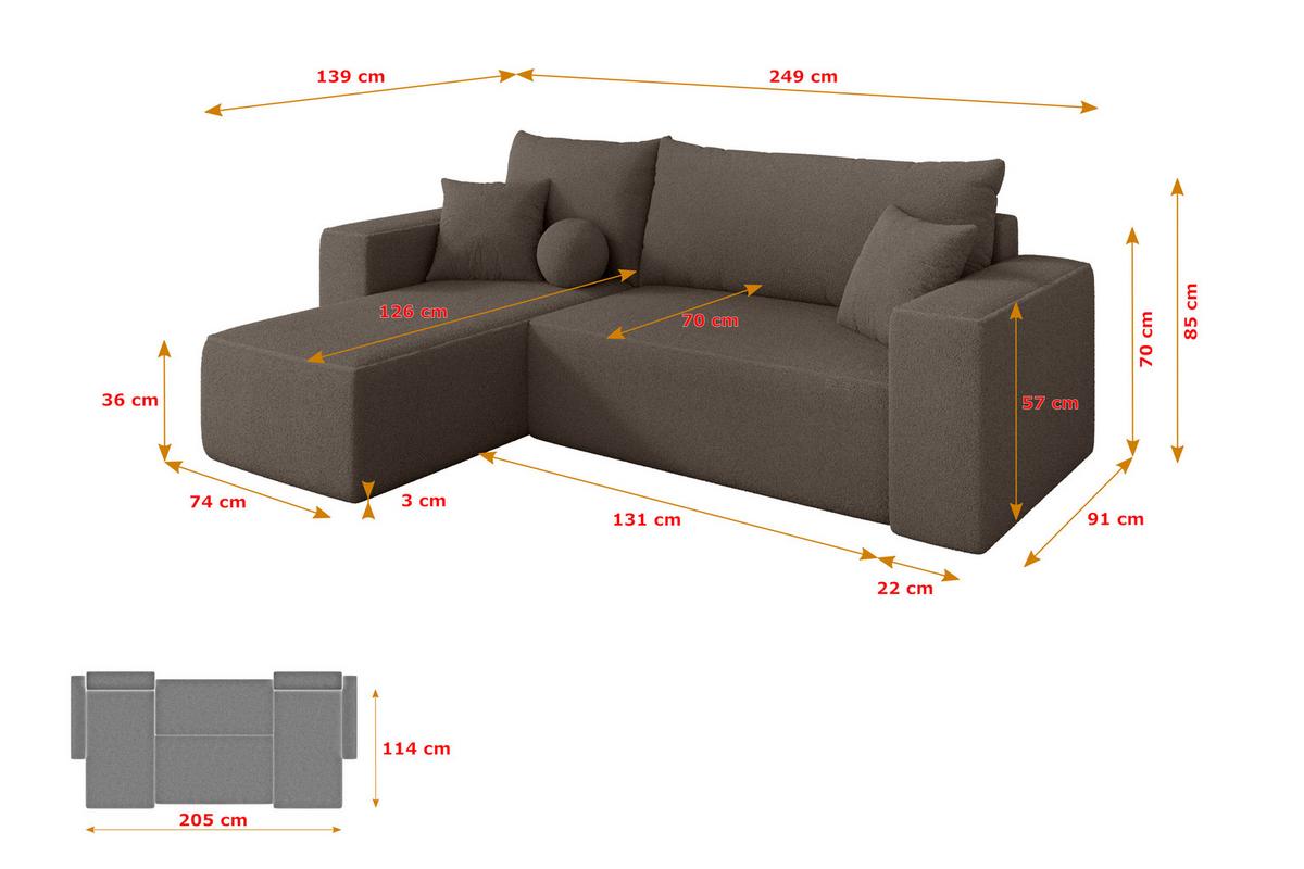 ECKSOFA mit Schlaffunktion Ottomane Links SENO-L 249x139x85 Braun Bouclé - Schwarz/Braun, Holzwerkstoff/Kunststoff (249/139cm) - ALTDECOR
