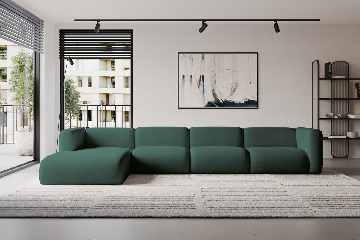 ECKSOFA Ottomane Links MIRA-L3 409x179x70 Grün Velours - Dunkelgrün/Schwarz, Holzwerkstoff/Kunststoff (409/179cm) - ALTDECOR