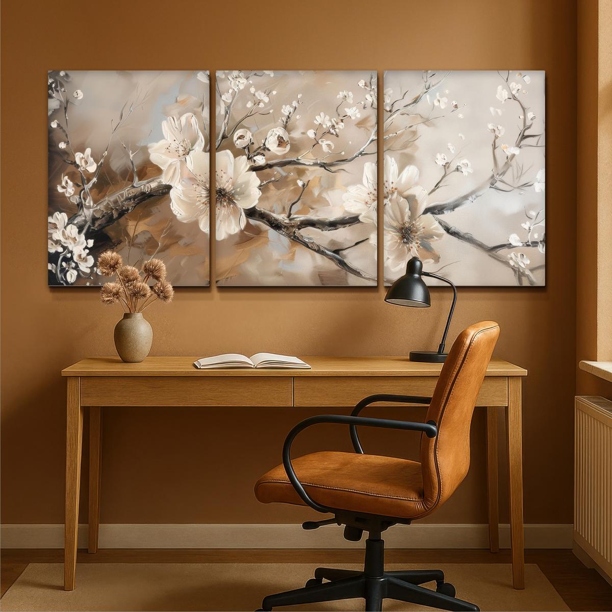 LEINWANDBILD 3er Set Blüte - Beige - Abstrakt - Blumen 180x80 cm - Hellbraun, Textil (180/80cm) - MuchoWow