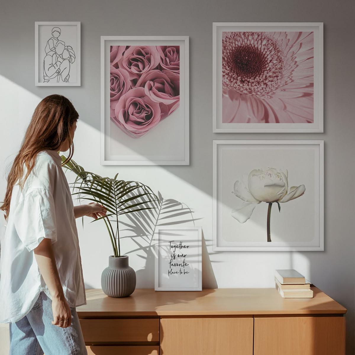 BILDER SET 5er Set - 50x50 cm & 20x30 cm & 40x60 cm Weißer Rahmen - Rosensträuße als Familienzeichnung - Weiß, Kunststoff (40/60cm) - TULUP