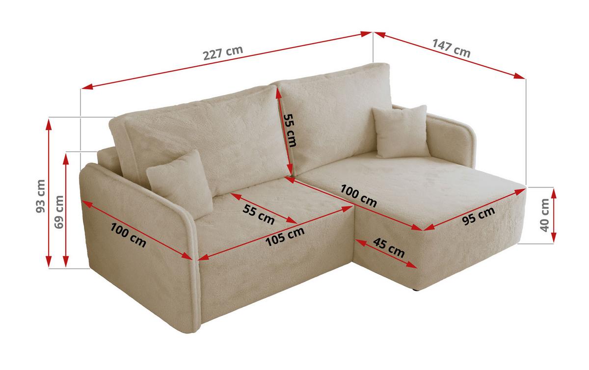 ECKSCHLAFSOFA MESTO L Creme Plüsch - rechts - Creme/Schwarz, Kunststoff/Textil (147/227cm) - MKS