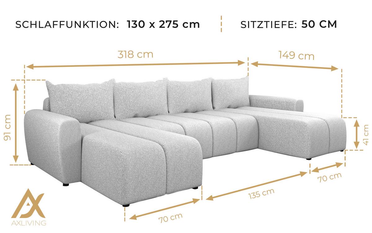 WOHNLANDSCHAFT Ferrande Hellgrau 318/149/91 cm mit Bettkasten Schlaffunktion Komfort - Hellgrau/Schwarz, Kunststoff/Textil (318/91/149cm) - AX Living