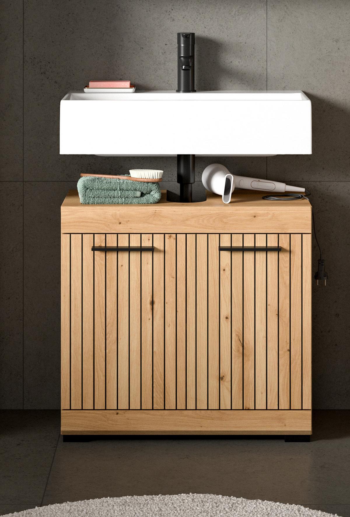 WASCHBECKENUNTERSCHRANK Eiche Artisan 60 cm, Badezimmer Unterschrank 2-türig - Schwarz/Eiche Artisan, Holzwerkstoff/Kunststoff (60/56/34cm) - Inn.Furn