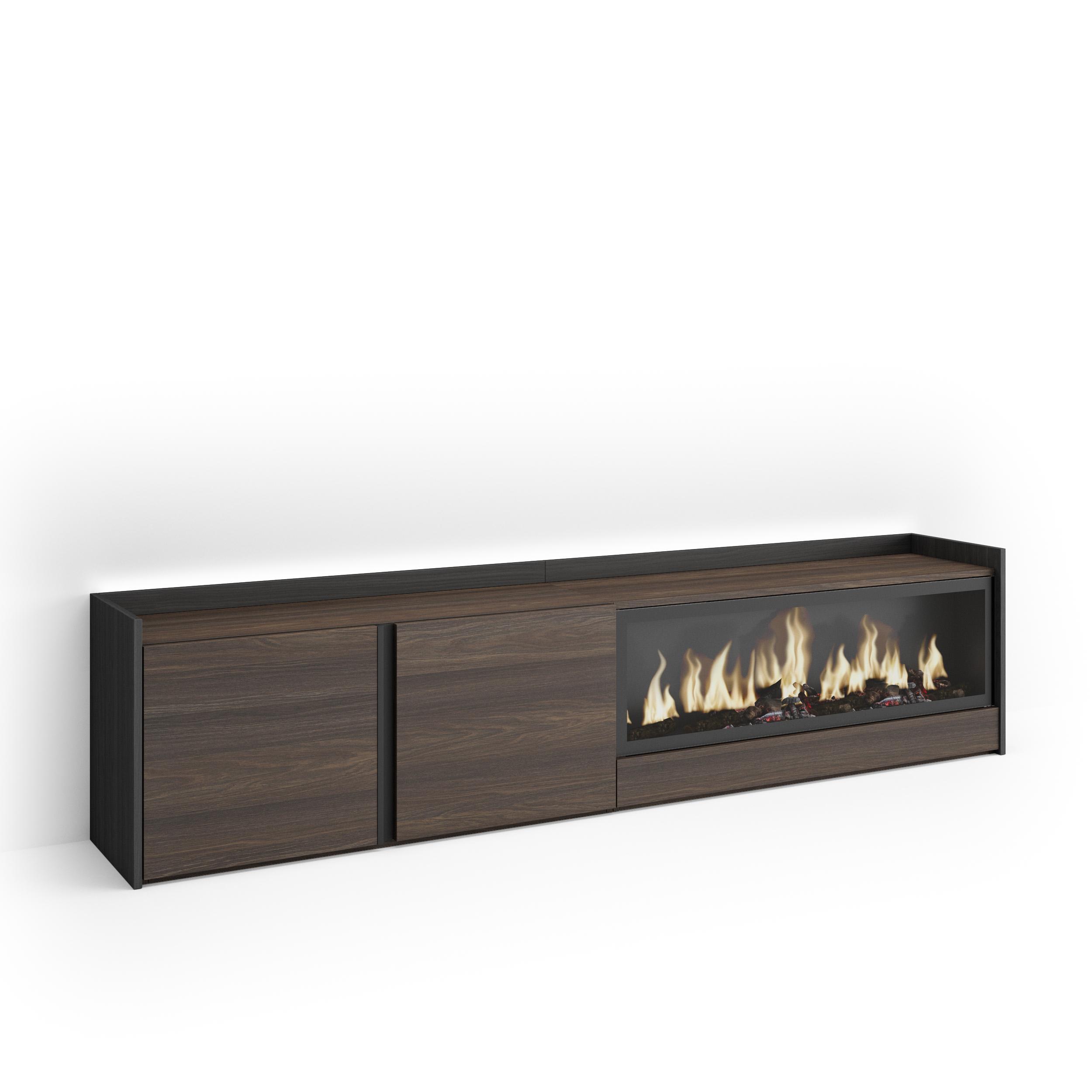 LOWBOARD, Eiche und Schwarz, 212/35/50cm, Kamin mit Feuereffekt XXL - Dunkelbraun, Holzwerkstoff (212/50/35cm) - Skraut Home