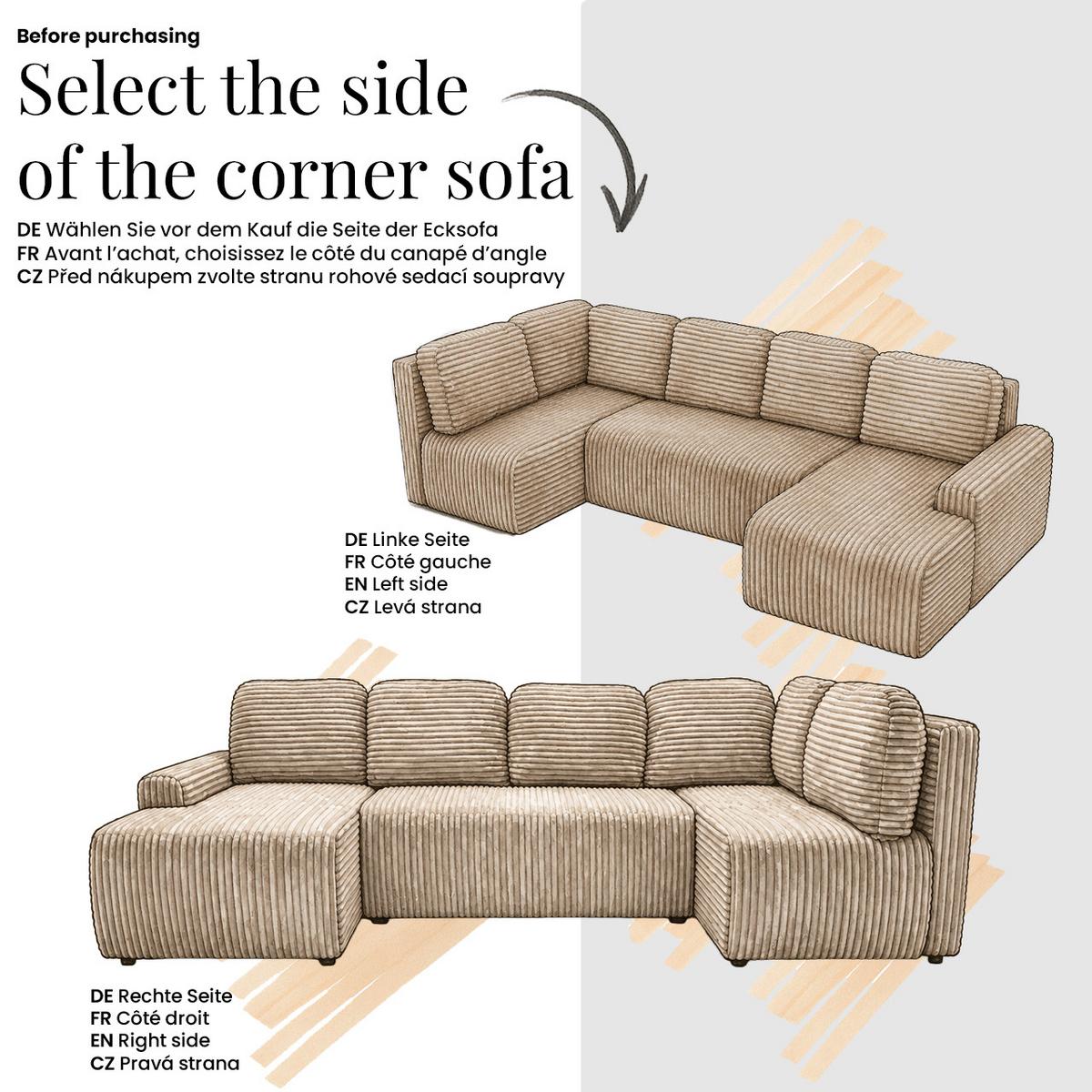 WOHNLANDSCHAFT NESSARO COR U Hellbraun Cord - Links Seite - Hellbraun/Schwarz, Kunststoff/Textil (307/92/151cm) - MKS