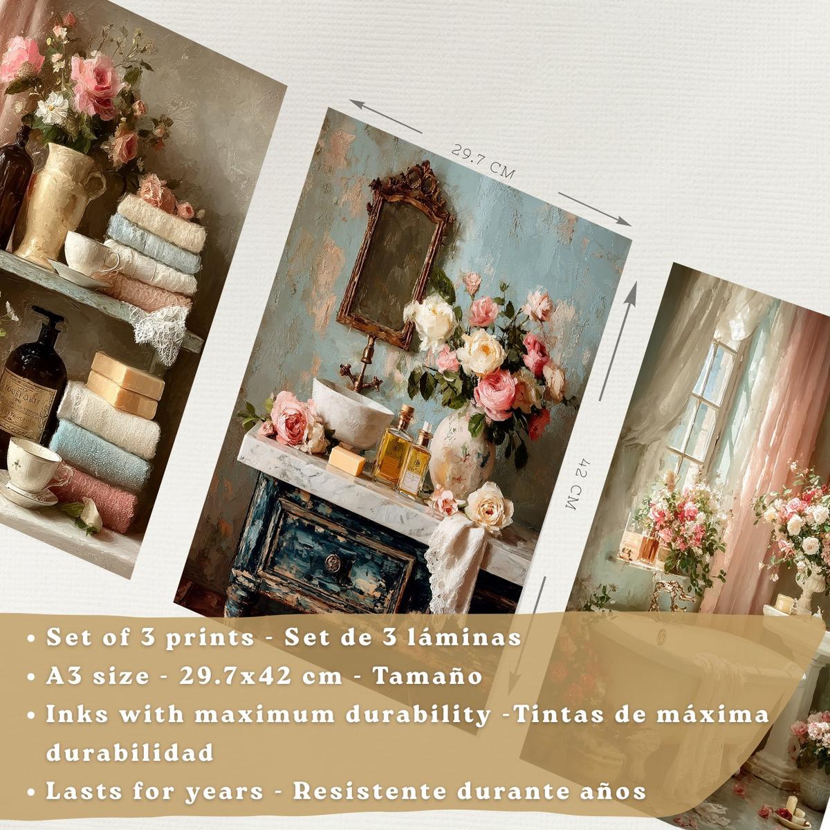 POSTER 3er-Set dekorative Badezimmerdrucke, romantischer Stil, Bilder mit Rosen Badewanne und Parfums, Blumenposter, Schwarzer Rahmen A3 - Schwarz, Papier (42/29.7/3cm) - Nacnic