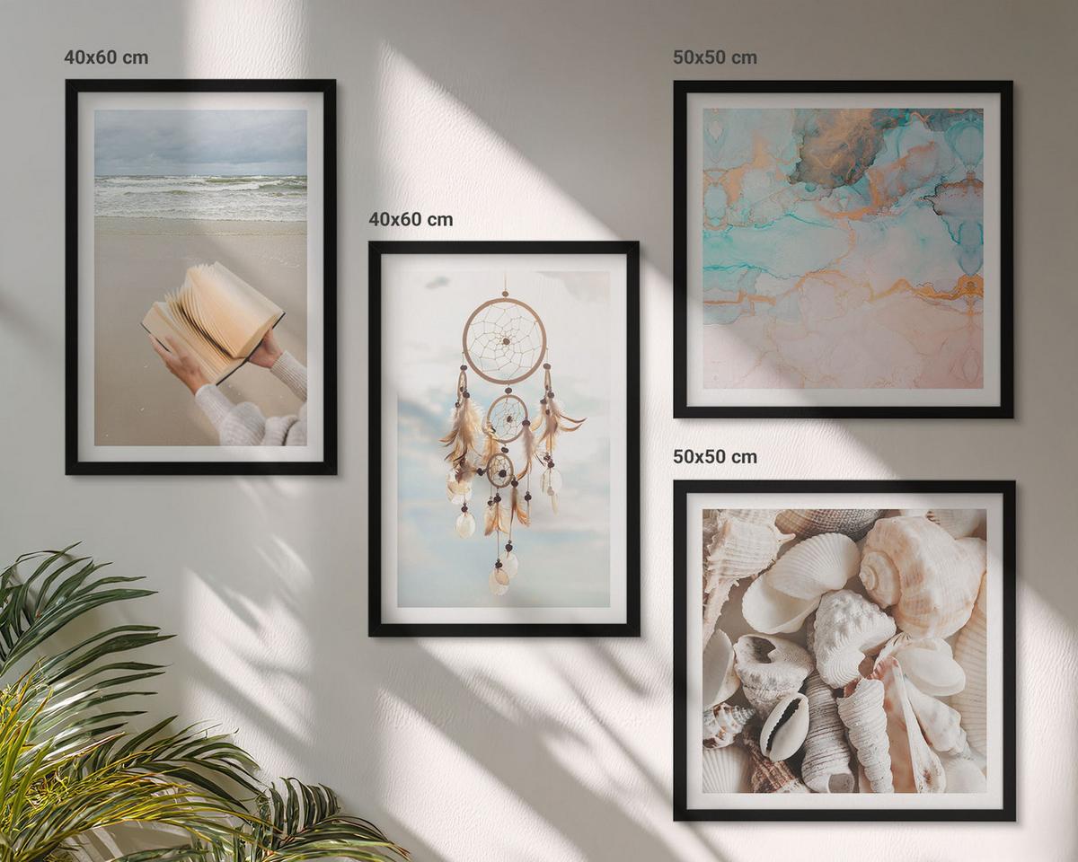 BILDER SET 4er Set - 50x50 cm & 40x60 cm Schwarzer Rahmen - Boho-Buch mit Muscheln - Schwarz, Kunststoff (50/50cm) - TULUP