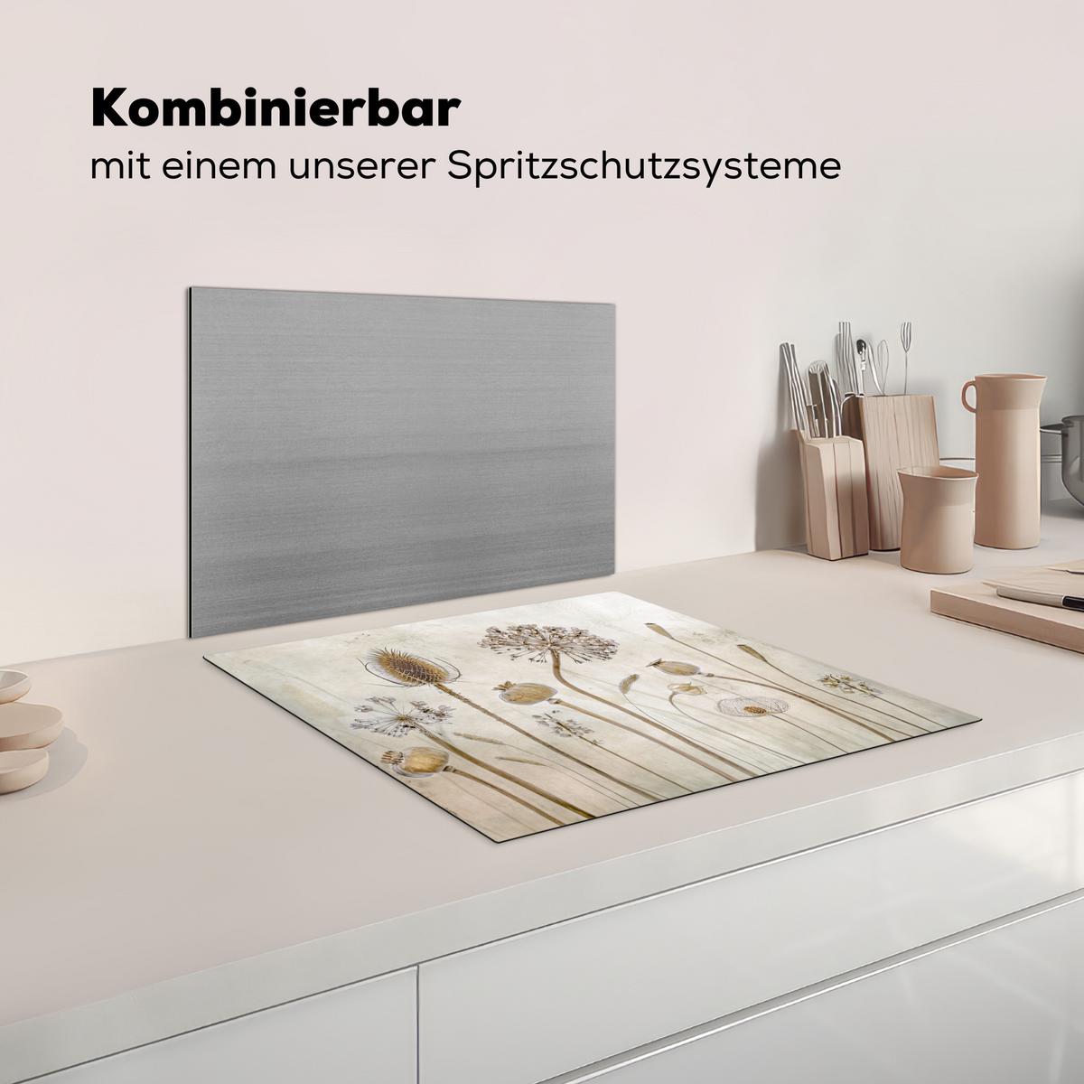 HERDABDECKPLATTE Blumen - Aquarell - Stilleben - Braun - Vintage Abdeckung Ceranfeld 57.6x51.6 cm - Sandfarben, Kunststoff (57.6/51.6/0.2cm) - MuchoWow