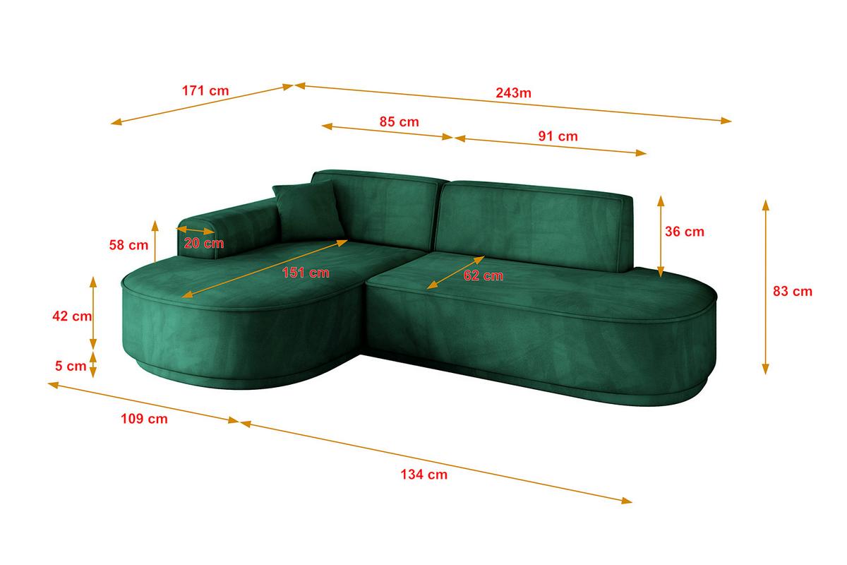 ECKSOFA Ottomane Links MARI-L1-v3 - 243x171x83 cm Grün Velours - Schwarz/Grün, Holzwerkstoff/Kunststoff (243/171cm) - ALTDECOR