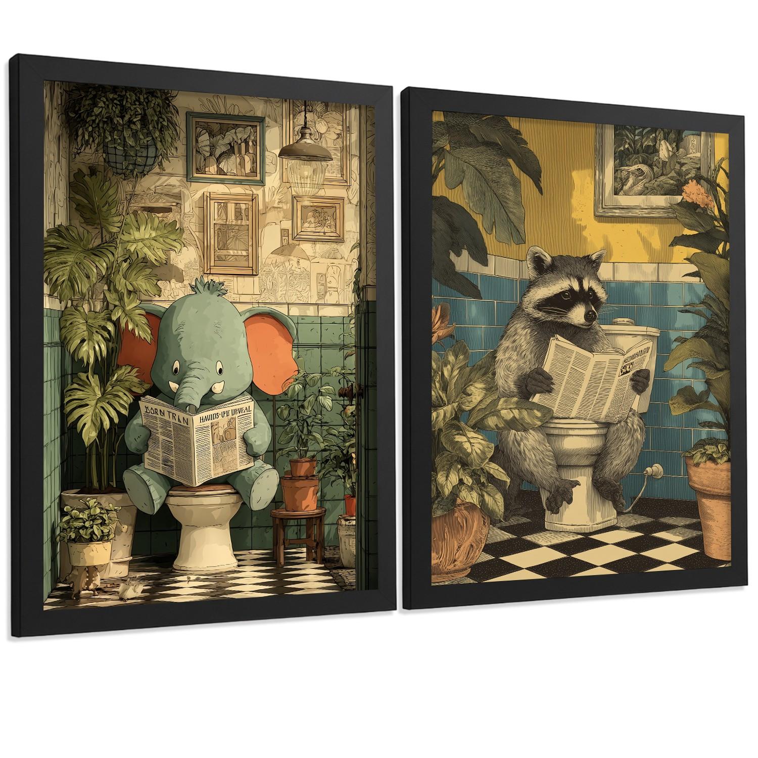 POSTER 2er-Set lustige Badezimmer-Kunstdrucke, Bilder mit lustigen Tieren auf der Toilette, witzige, Badezimmerdekoration, Dusche Schwarzer Rahmen A4 - Schwarz, Papier (29.7/21/3cm) - Nacnic