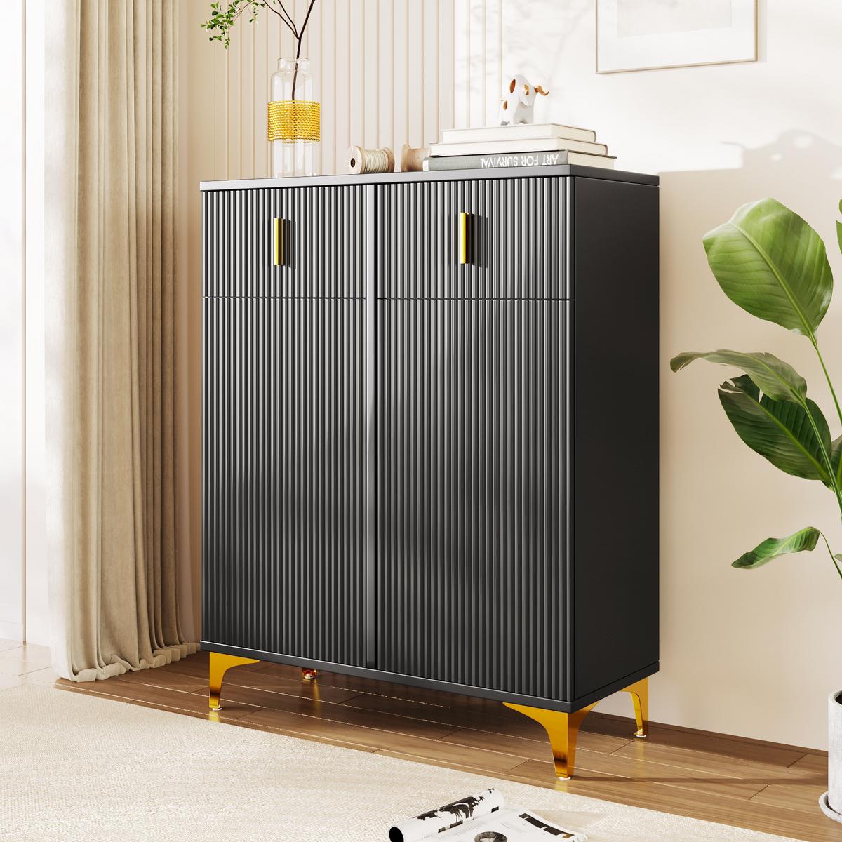 SCHWARZES Sideboard mit Struktur und goldenen Details SHEZA - Schwarz, Holzwerkstoff/Metall (45/101/54cm) - Urban Meuble