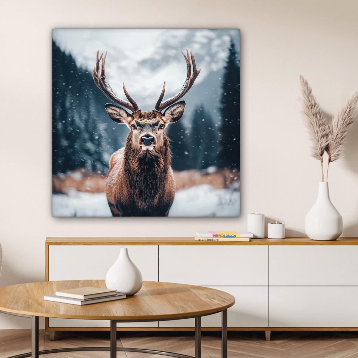 LEINWANDBILD Hirsche - Tiere - Landschaft - Winter - Schnee Deko Groß 90x90 cm - Kastanienfarben, Textil (90/90cm) - MuchoWow