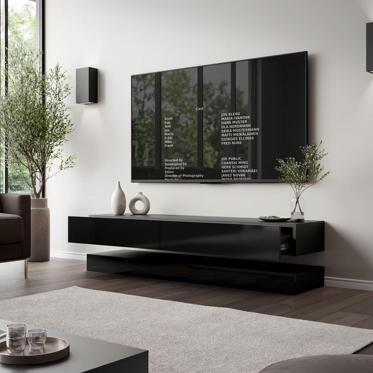 TV-RACK SKY 140 cm, Schwarz hochglanz - Schwarz, Holzwerkstoff (140/25/34cm) - Lookway
