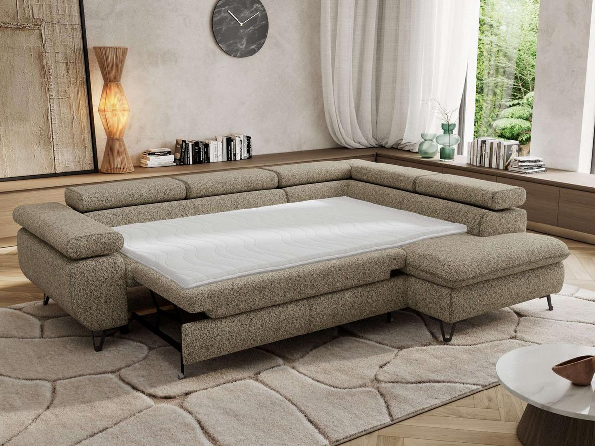 ECKSOFA PABLO L Dunkelbeige Struktur - Rechts Seite - Greige/Schwarz, Textil/Metall (273/208cm) - MKS