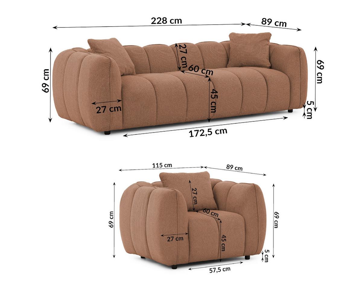 SITZGARNITUR 3+1 Nubira in tief gesteppter Bubble-Optik aus weichem Terrakotta Strukturstoff im modernen Design - Terracotta/Schwarz, Holz/Kunststoff (228/69/89cm) - S-Style Möbel